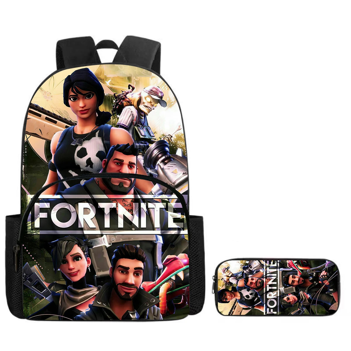 Fortnite Cartoon 2-Piece Set Backpack with Front Pocket Pencil Case Unisex Large Capacity School Bag Ages 5-8