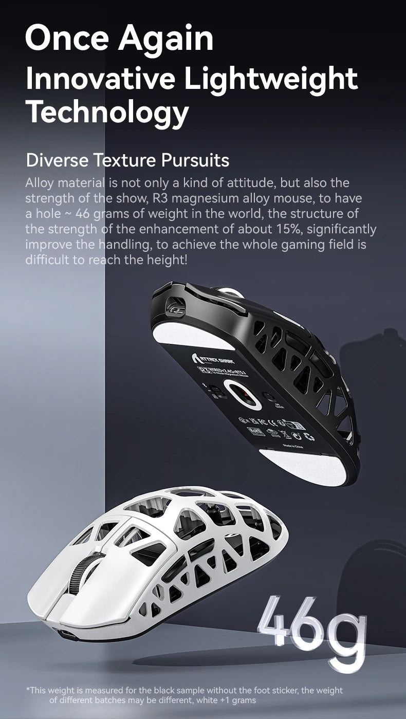 Mouse gaming ATTACK SHARK R3 din aliaj de magneziu cu design tip fagure, ultra-ușor, 8K Hz, senzor PAW3395, 26000 DPI, carcasă ergonomică