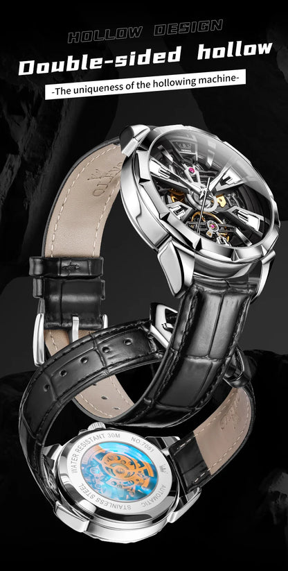 OLEVS 7051 Fashion Men's Watch Leather Strap 30M Waterproof Hollow HD Luminous Automatic Mechanical Wristwatch for Men