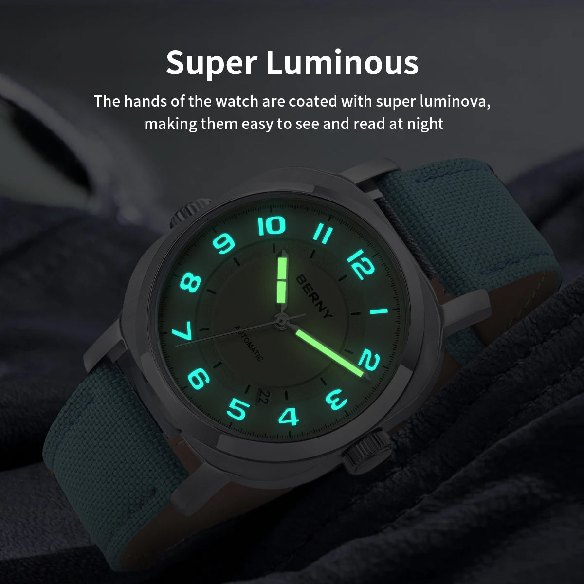 BERNY Mechanical Watch For Women Self-wind Pillow Cushion Sapphire Super Luminous Wristwatch Canvas Calendar Watch For Ladies