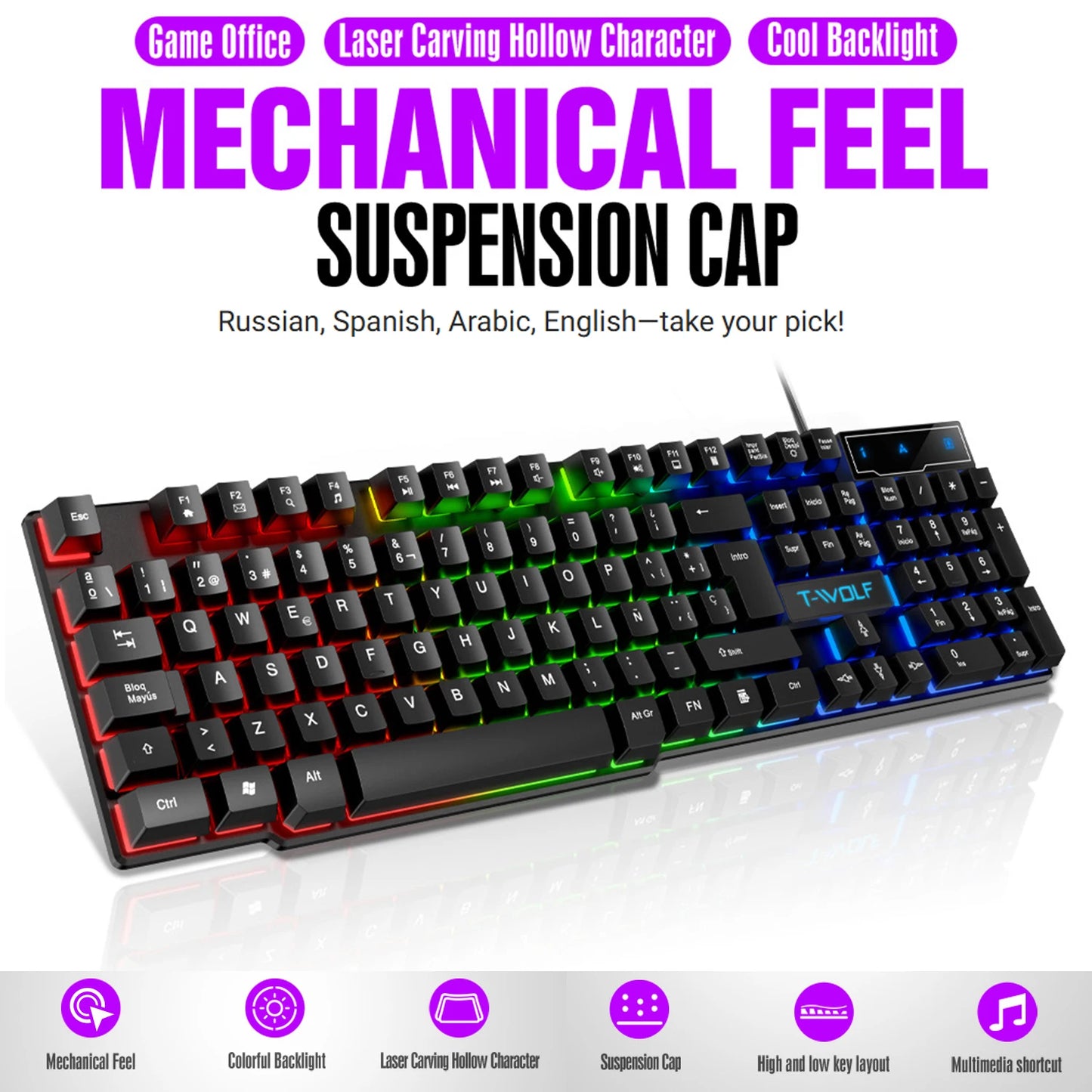 Mechanisches Gaming-Keyboard mit heller RGB-Hintergrundbeleuchtung, kabelgebundene USB-Tastatur für Büro und Zuhause, Medientasten, Russisch, Spanisch, Arabisch, Englisch