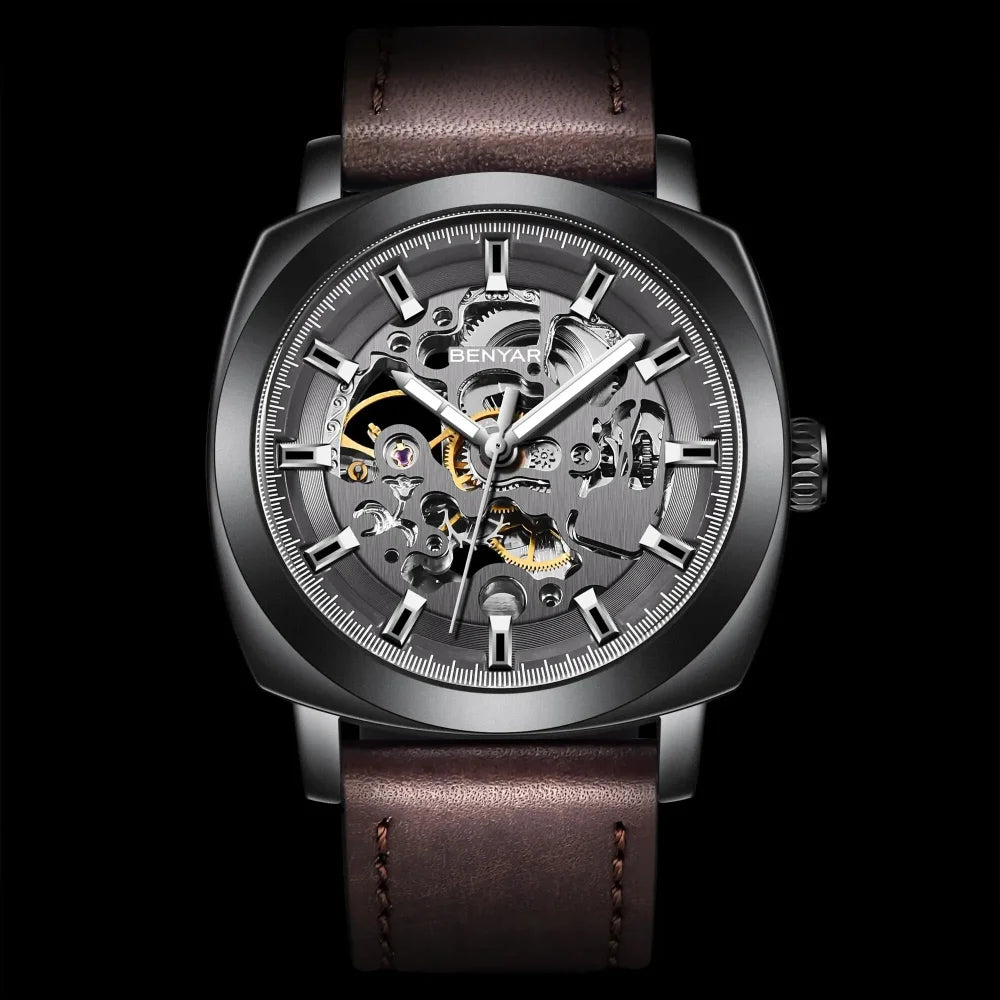 BENYAR Watch for Men Luxury Skeleton Tourbillon Automatic Mechanical Men's Watch 30M Waterproof Leather Strap Sports Reloj Hombre