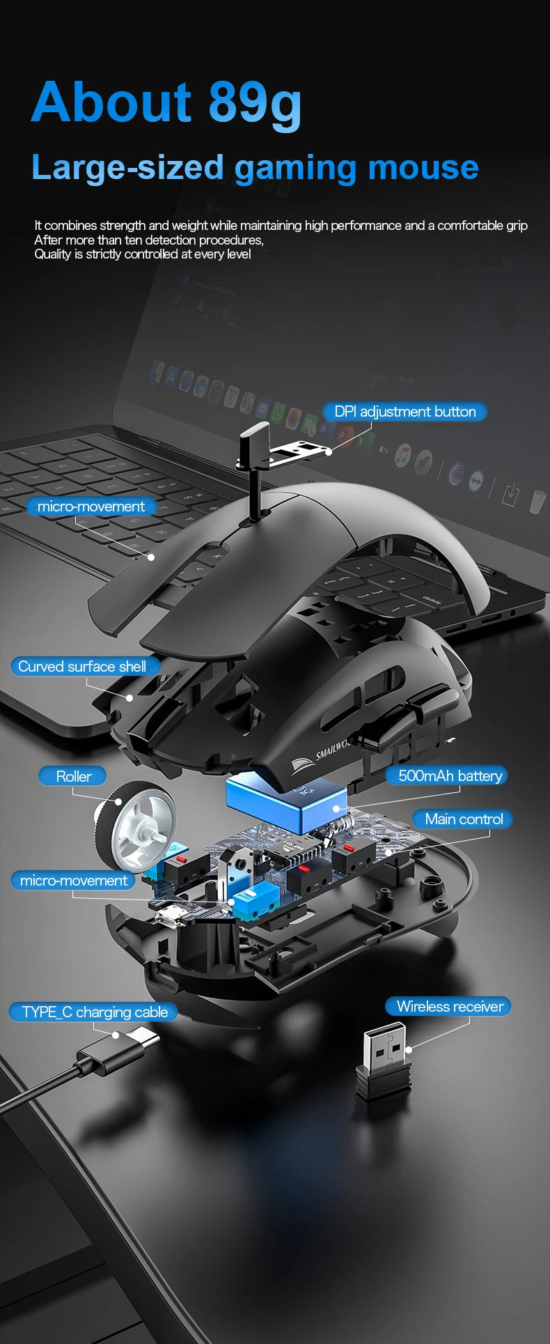 SMAILWOLF RS7 Bluetooth kabellose Gaming-Maus mit drei Modi, PAW3311, Makro-Gaming-Maus für Laptop, Gaming und Büro