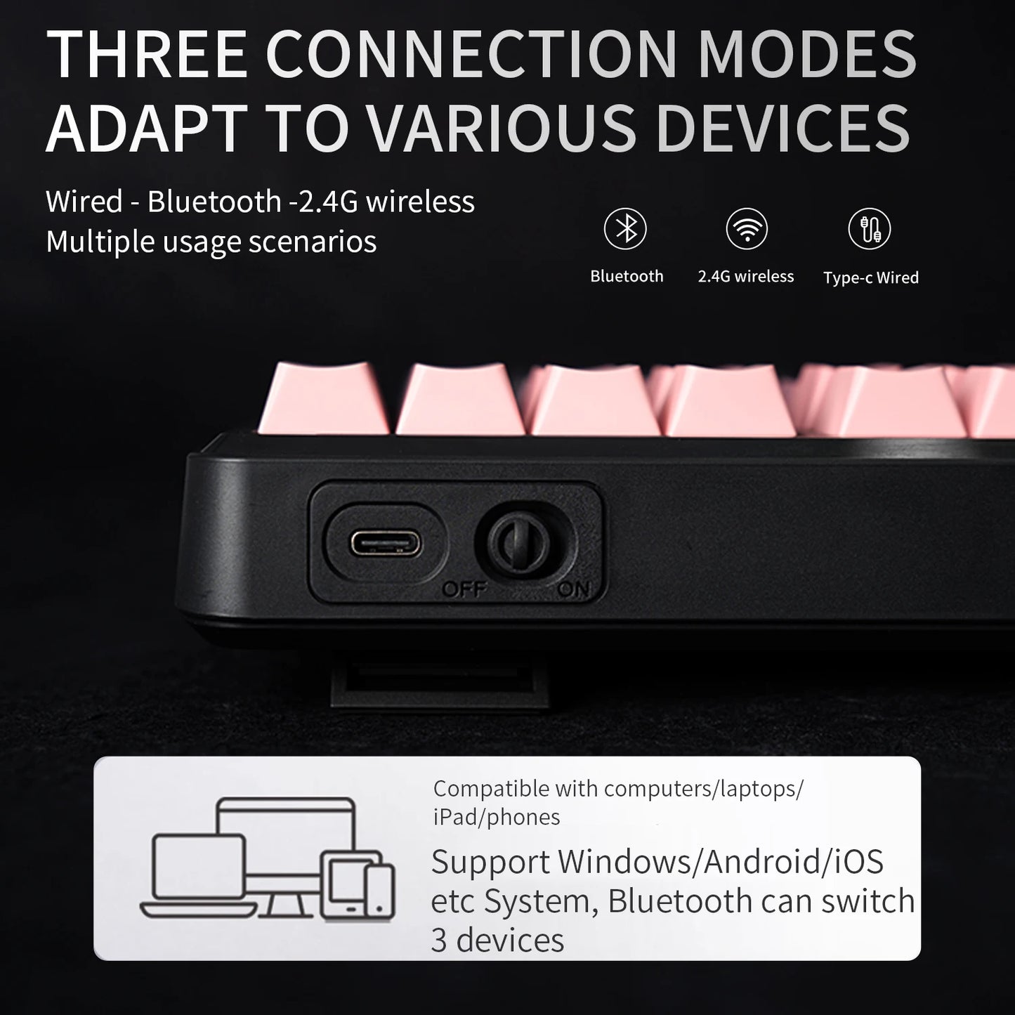 V108 Pro Bluetooth Keyboard  Office Low Noise 2.4G Wired&Wireless Full Layout with RGB Backlit Membrane