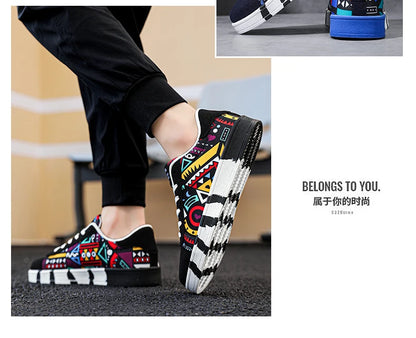 YRZL Men's Sports Running Shoes Canvas Geometric Style Lace-Up Sneakers Couples' Fashionable Graffiti Print Skate Shoes