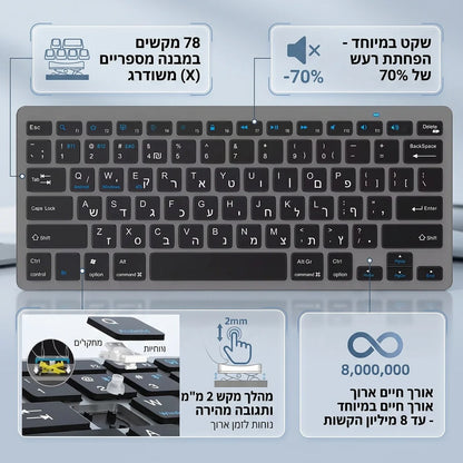 Hebrew English Layout Wireless Keyboard Bluetooth & 2.4G Dual Mode Keyboard Slim and Compact Ergonomic for Windows iOS Android