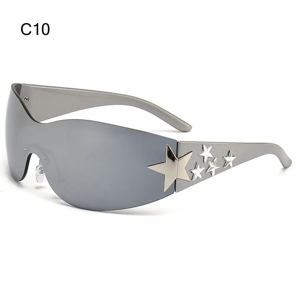 Rimless Y2K Sunglasses Women Men Punk Goggle Trendy Shield Sun Glasses UV400 3D Five Star Rhinestones Eyewear 2024