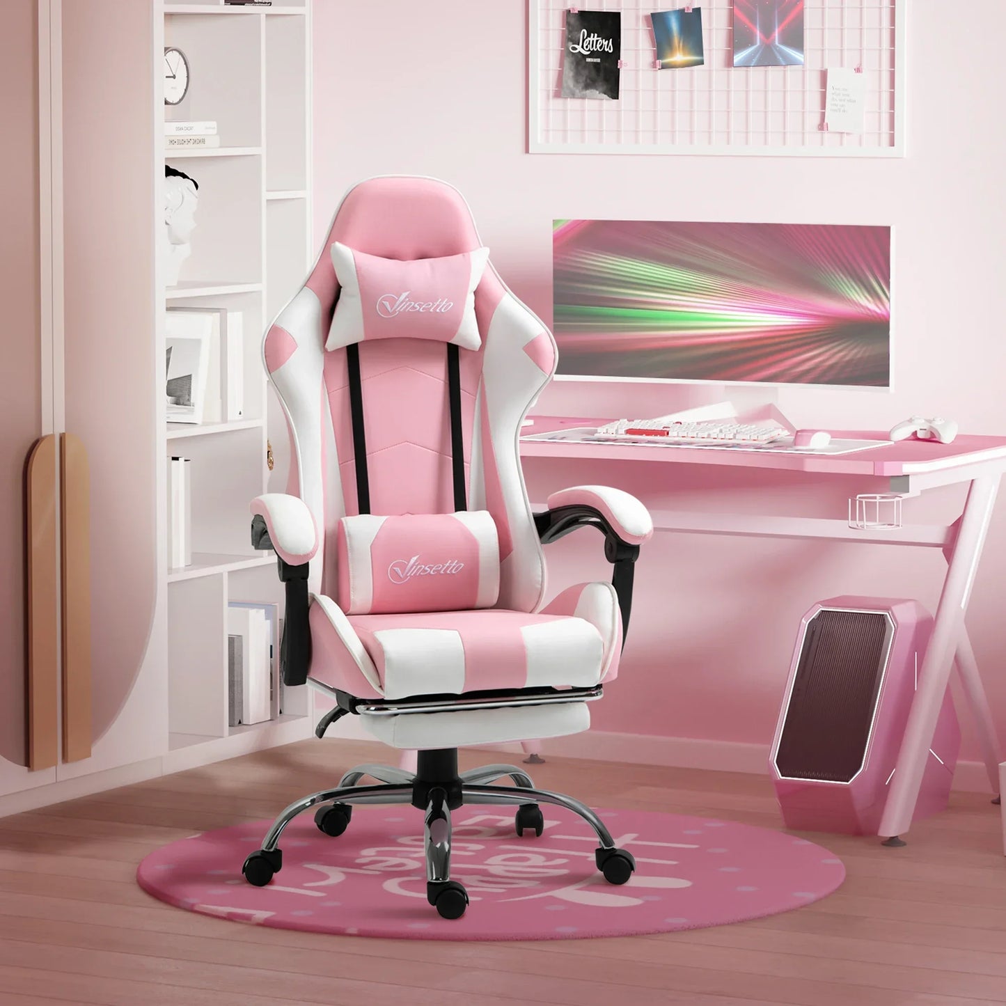 Pink White Gaming Chair Ergonomic Office Chair with Headrest, Lumbar Support, Adjustable Height, 360° Swivel Computer Chair