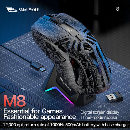 SMAILWOLF M8 Bluetooth Wireless Gaming Mouse, Tri-Mode RGB Rechargeable Mouse with PAW3311 Sensor, 12000 DPI Lightweight Gaming Mouse for PC & Office