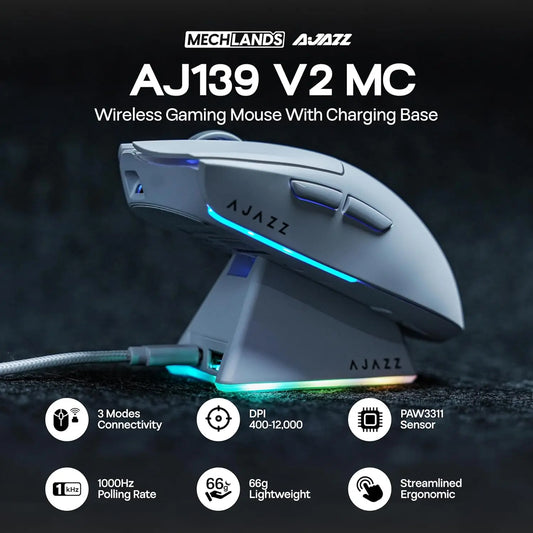 Mouse de gaming wireless AJAZZ AJ139 V2 MC/AJ139 PRO, senzor PAW3311/PAW3395, 12000DPI/26000DPI, 500mAh, mouse Bluetooth pentru PC