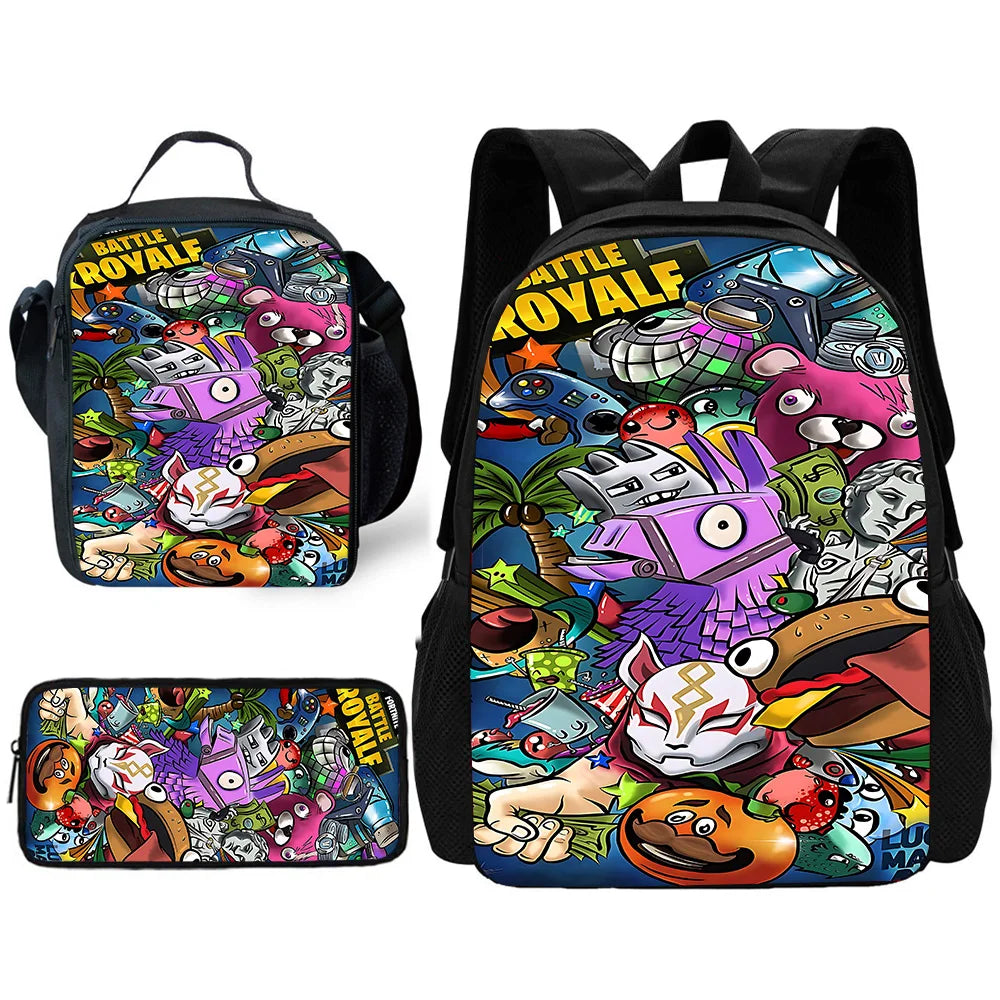 Hot Game Child School Backpack with Lunch Bags, Design-F-FortniteS Pencil Bags, School Bags for Boys Girls Best Gift