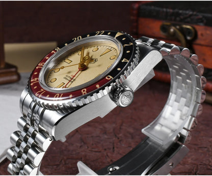 San Martin 40mm SN0005 Retro GMT NH34 Automatic Distressed Patina Dial Bi-color Sapphire Bezel Jubilee Mens Watches 20Bar Lume
