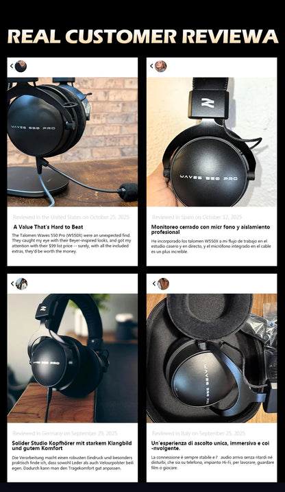 TALOMEN W550x Studio-Kopfhörer – Professionelle kabelgebundene Over-Ear-DJ-Monitor-Kopfhörer mit 50mm Treibern und abnehmbarem Kabel