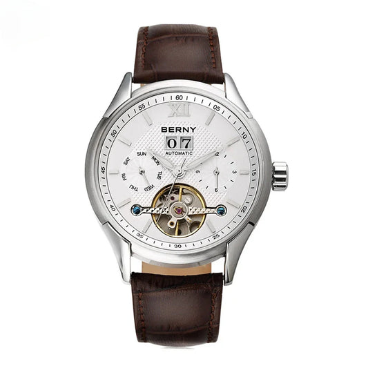 BERNY Automatic Watch for Men Auto Self-wind Mechanical Watches Date Skeleton 5ATM Luxury Male Wristwatches