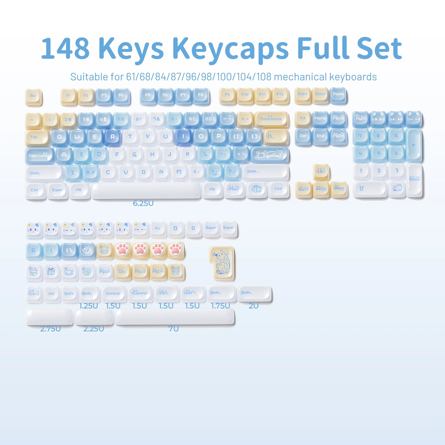 XVX 148 Keys Cat Theme Keycaps MAO Profile Key Cap Korean Glossy Cute Keycap for Keyboard 61 64 68 78 87 96 98 104 108