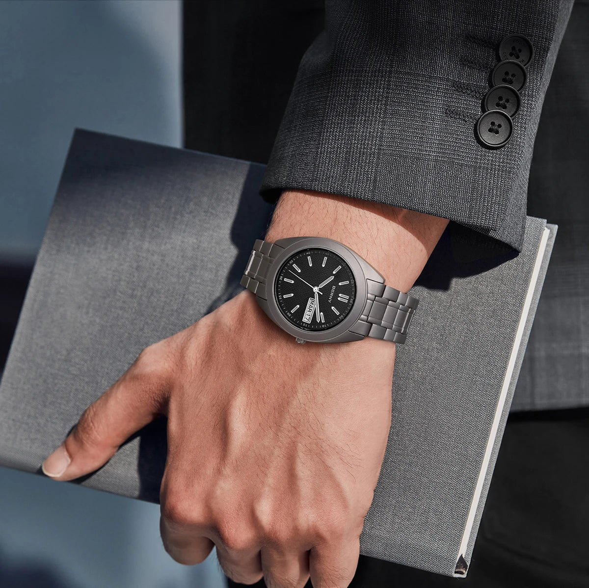 BERNY Full Titanium Men Watch Date Week Quartz Watches Calendar Sapphire Super Luminous 100M Waterproof Lightweight Wristwatch