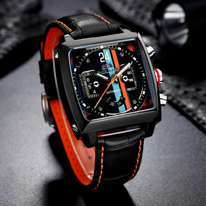 Original Brand Watches For Men Luxury Design Square Mechanical Watch Men Leather Strap Waterproof Date Week Wristwatches Male
