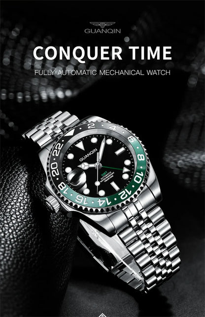 GUANQIN GMT Herrenuhren 2025 Neue Automatikuhr für Herren NH34 Mechanische Armbanduhr Saphirglas Edelstahlgehäuse Linkshänder