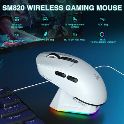 SOLAKAKA SM820 Tri-Mode Wireless Gaming Mouse with RGB Charging Dock, PAW3311 Sensor, 26000 DPI, Ultra-Light Rechargeable Wireless Gaming Mouse