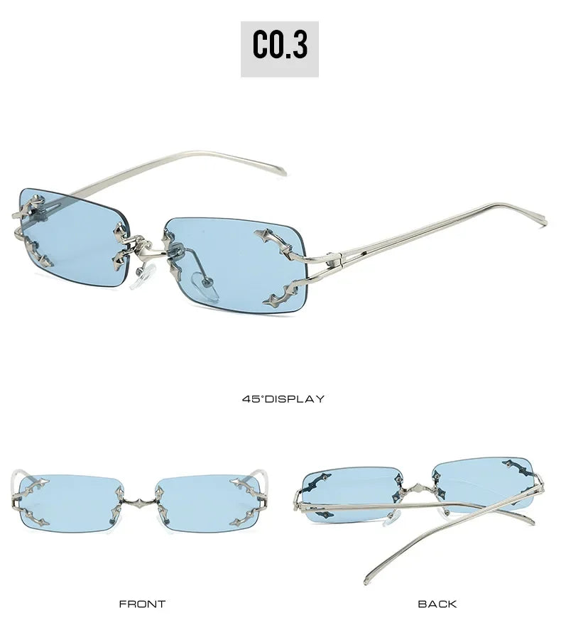 Y2K Rimless Square Star Sunglasses for Women Fashion Vintage Silver Hip Hop Driving UV400 Eyewear Alloy Frame Outdoor Men Punk