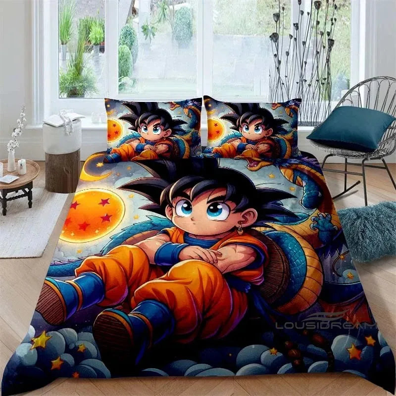Ložní souprava s potiskem v motivu Cartoon/Anime Son Goku Dragon Ball: tato měkká a pohodlná sada obsahuje povlak na přikrývku a povlak na polštář
