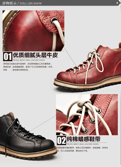 KOWM Cowhide Hiking Shoes Men's Walking Boot British Trekking Shoes Thick-Soled Cowhide High-Top Motorcycle Boots Ankle Sneakers
