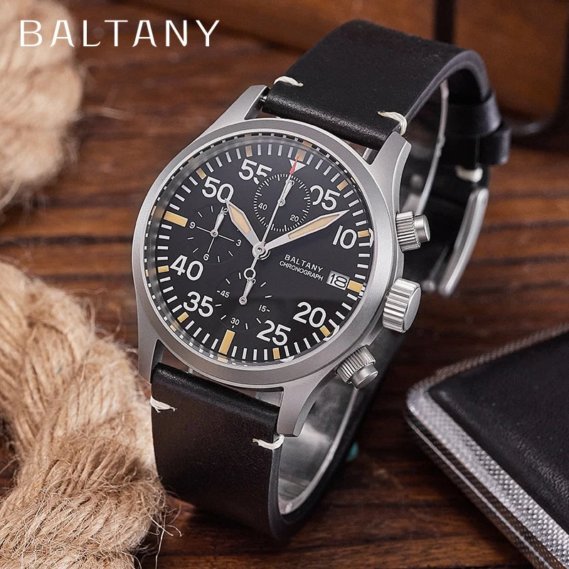 Baltany Quartz Chronograph S5045 Sunburst Blue Dial VK67 100M Stainless Steel Calendar Window Sapphire Vintage Military Watches