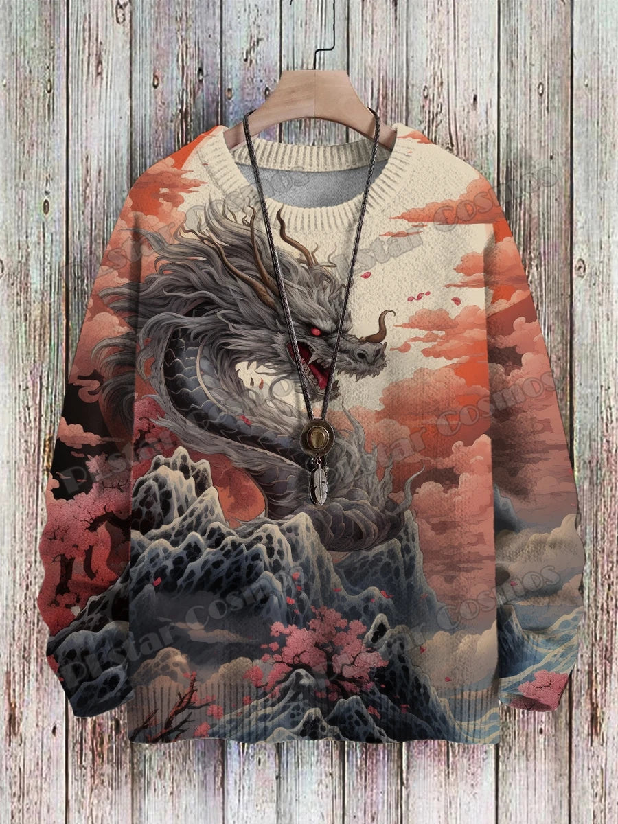 PLstar Cosmos Retro Dragon & Deer Art Pattern 3D Printed Mens Knitted Pullover Winter Unisex Casual Knit Pullover Sweater ZZM118