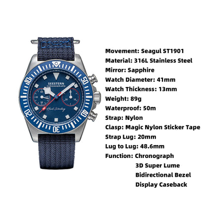 SEESTERN Chronograph Herren-Mechanikuhr Tianjin ST1901 Uhrwerk Saphirglas-Armbanduhr mit Nylon-Klettarmband, Leuchtzeigern und Skelettdesign
