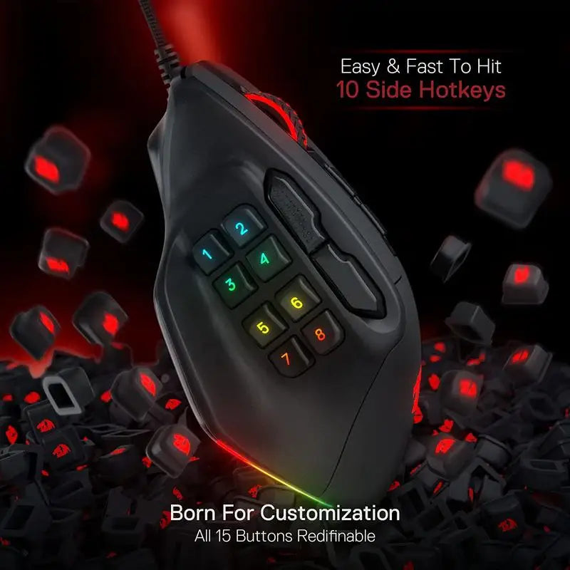 Redragon M811 Aatrox MMO Gaming Mouse, Wired RGB Gaming Mouse with 15 Programmable Buttons, 12400 DPI Ergonomic Optical Gamer Mouse