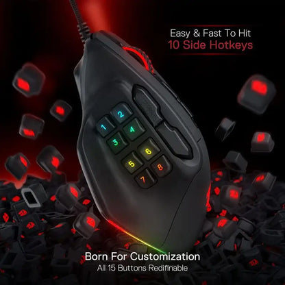 Redragon M811 Aatrox MMO igralna miška, žična RGB gamerska miška s 15 programabilnimi gumbi in ergonomsko naravno zasnovo oprijema