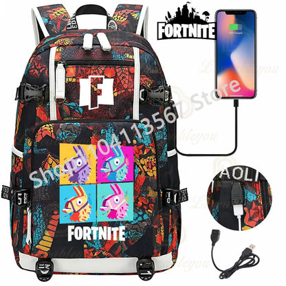 Mochila Red Jade F-Fortnited Battle Royale com carregamento USB, figuras anime e compartimento para material escolar para estudantes