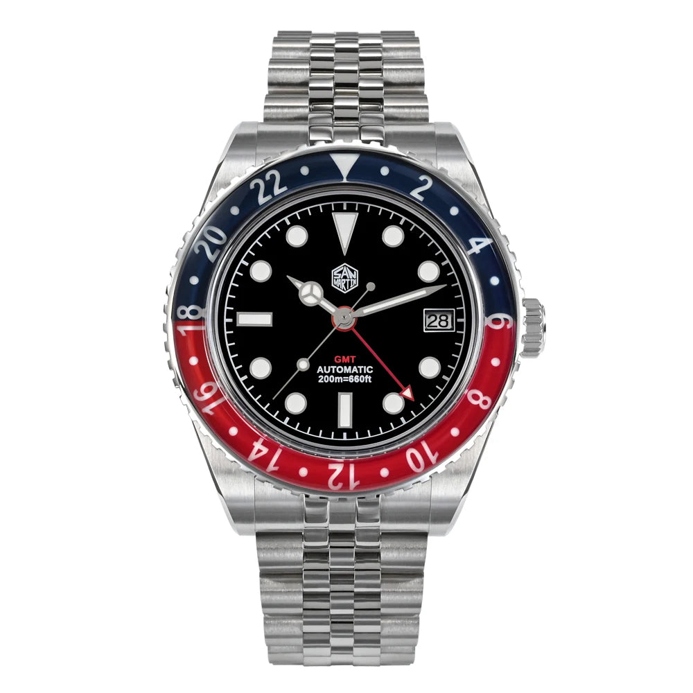 San Martin 40mm SN0005 Retro GMT NH34 Automatic Distressed Patina Dial Bi-color Sapphire Bezel Jubilee Mens Watches 20Bar Lume