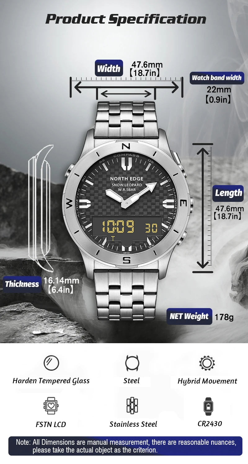 NORTH EDGE Men's Sports Digital Watches Business Luxury Watch For Men Waterproof 50M Altimeter Barometer Compass Luminous Clock