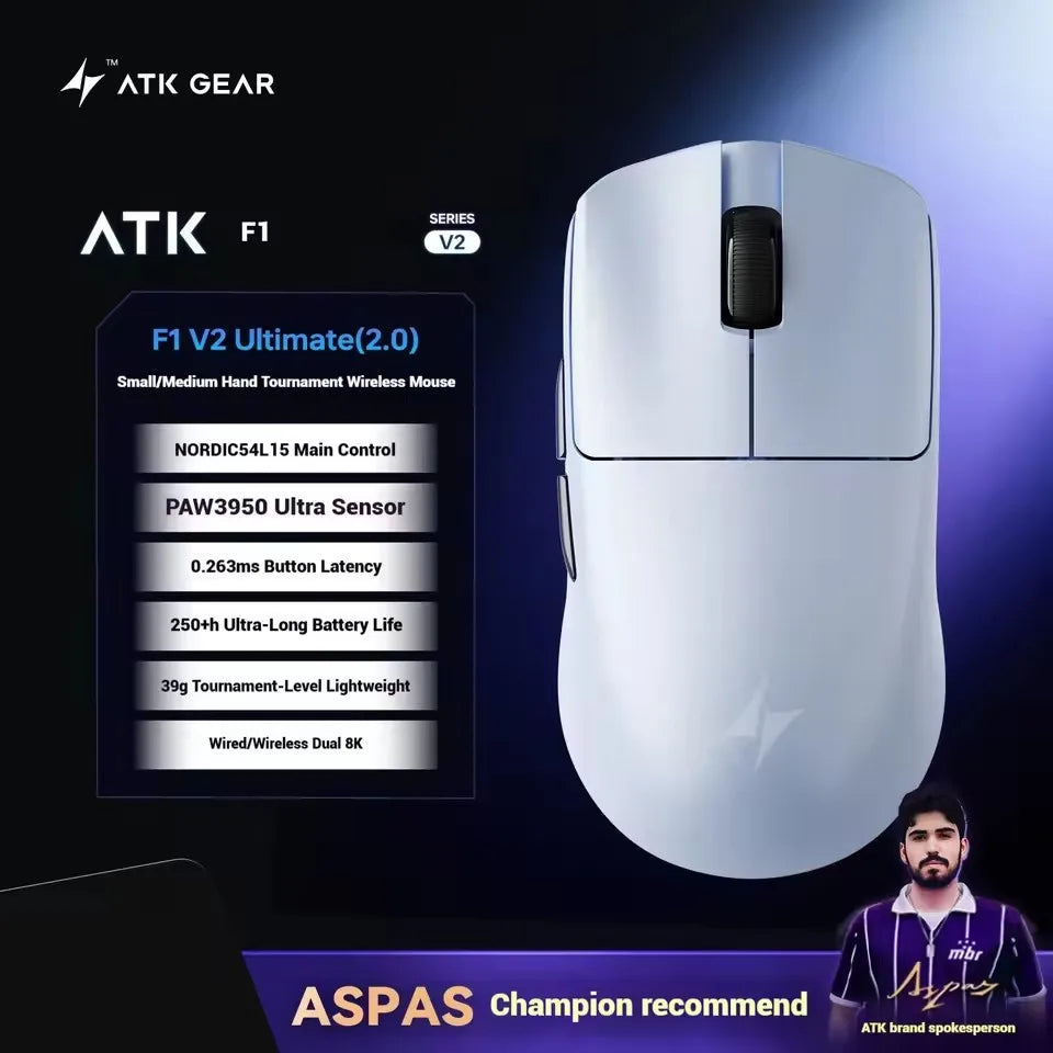 ATK Blazing Sky F1 V2 Ultra Max brezžična igralna miška z dvojnim načinom, lahka, PAW3950Ultra, dvojni 8K, nizka zakasnitev, ergonomska, Extreme