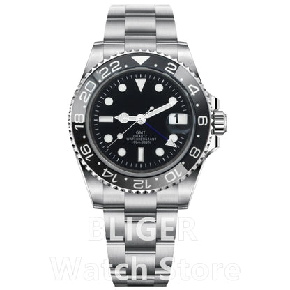 BLIGER 40mm 515 24H GMT Men's Watch Stainless Steel Clasp Luminous Quartz Movement Ceramic Bezel Sapphire Glass 10Bar Waterproof