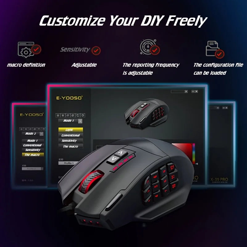 E-YOOSO X-39PRO Wired Gaming Mouse, Ergonomic Optical Gaming Mouse with SG8960 Sensor, Programmable Side Keys, Precision Esports Mouse for PC & Laptop