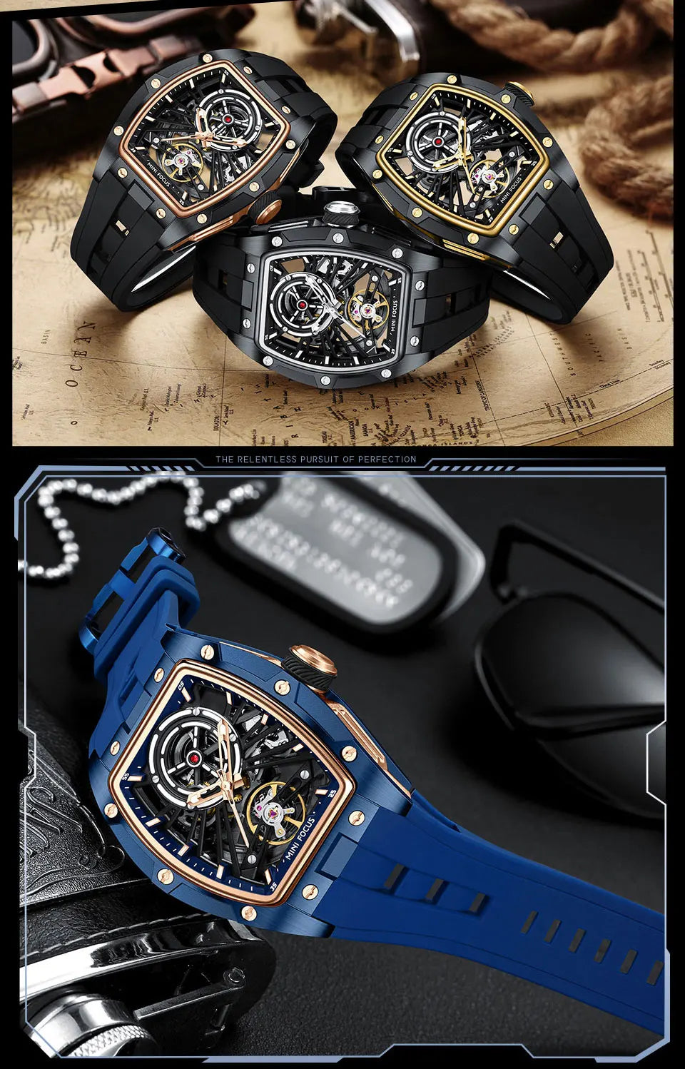 MINI FOCUS Orologio da polso da uomo fashion nero impermeabile, automatico meccanico, con lancette luminose, cinturino in silicone e quadrante tonneau