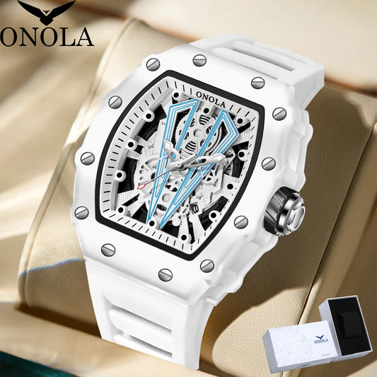 Gift Box Watches for Man ONOLA 3826W Trend White Men Watch Tonneau Calendar Waterproof Silicone Strap Relogios Masculino