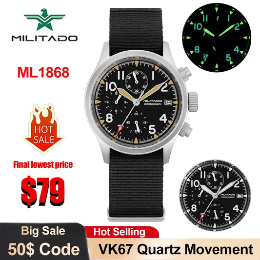 Militado ML1868KF Quartz Watch VK67 Chronograph Movement Military 3 Dial Vintage Watch 100m Waterproof Sapphire Crystal Watches