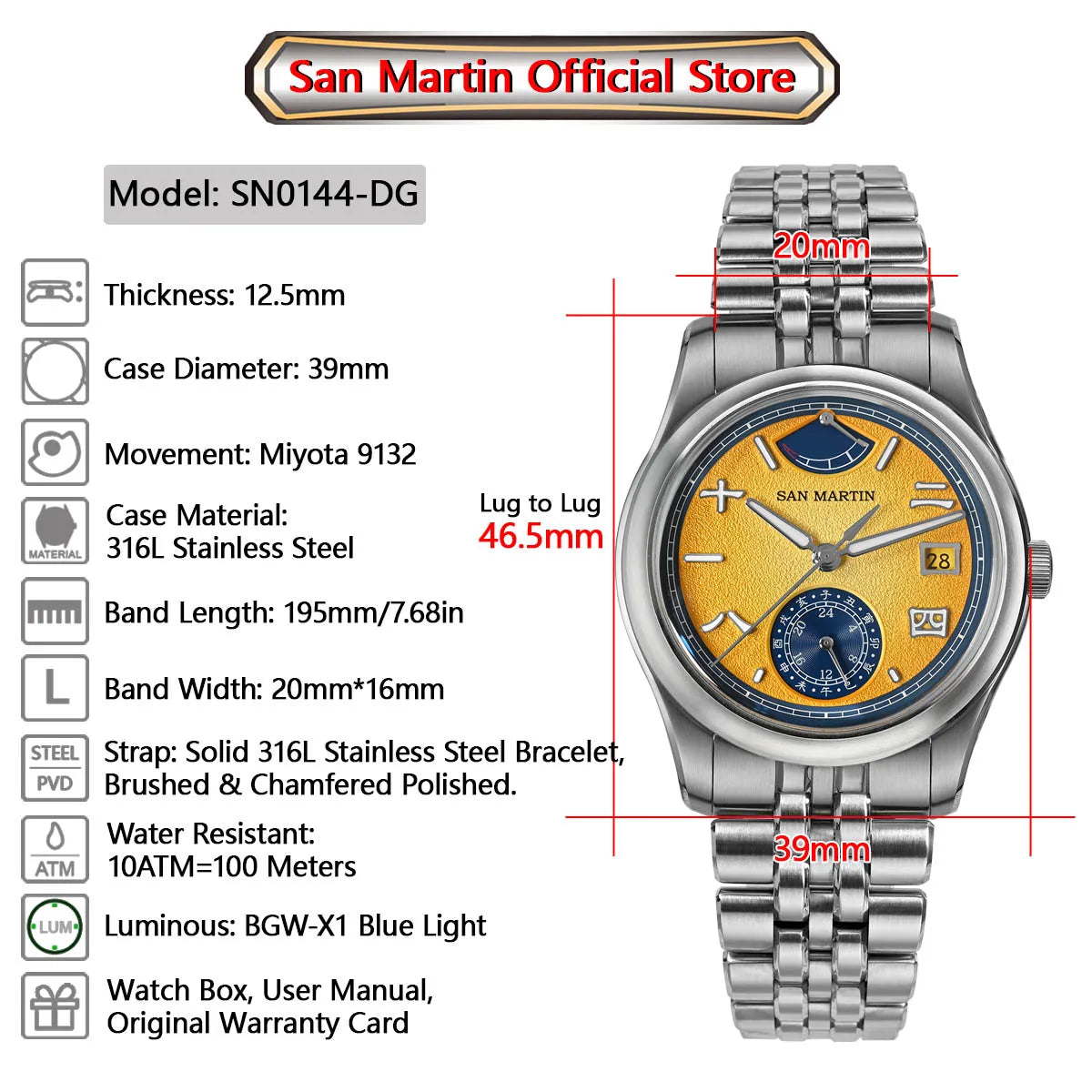 San Martin 39mm Miyota 9132 Power Reserve Display Men's Luxury Sport Watch Automatic Mechanical Waterproof Original Design SN0144