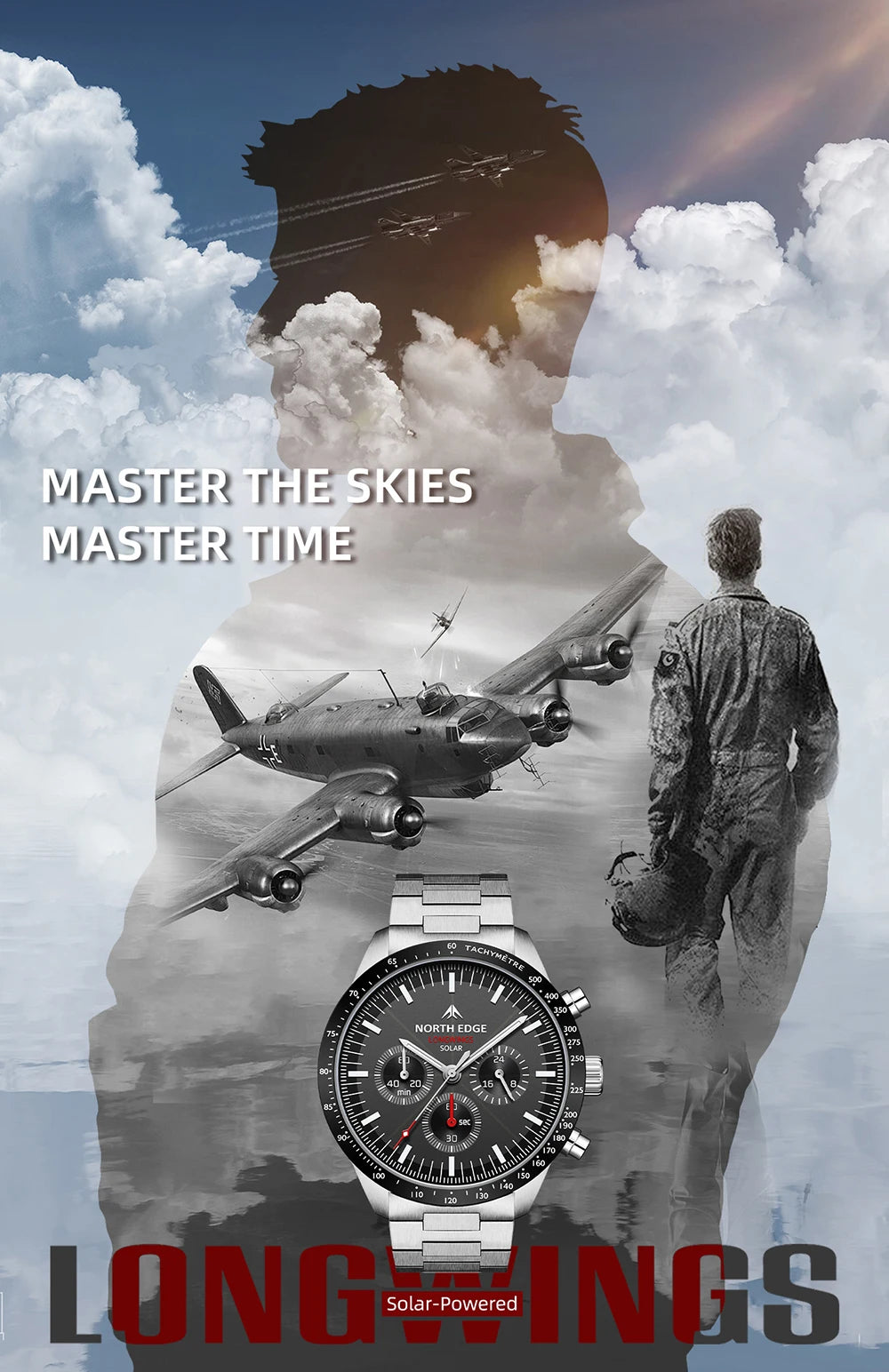 NORTH EDGE 2025 LONGWINGS Men Quartz Watch Solar Powered Stopwatch Waterproof 50M 316 Full Stainless Steel Luminous Pilot Watch