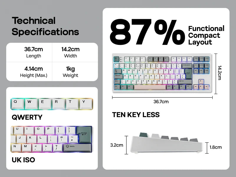 ISO-UK Layout EPOMAKER TH87 TKL Layout Wired/BT/2.4Ghz Wireless NKRO Mechanical Keyboard with 10000mAh Battery & RGB Light