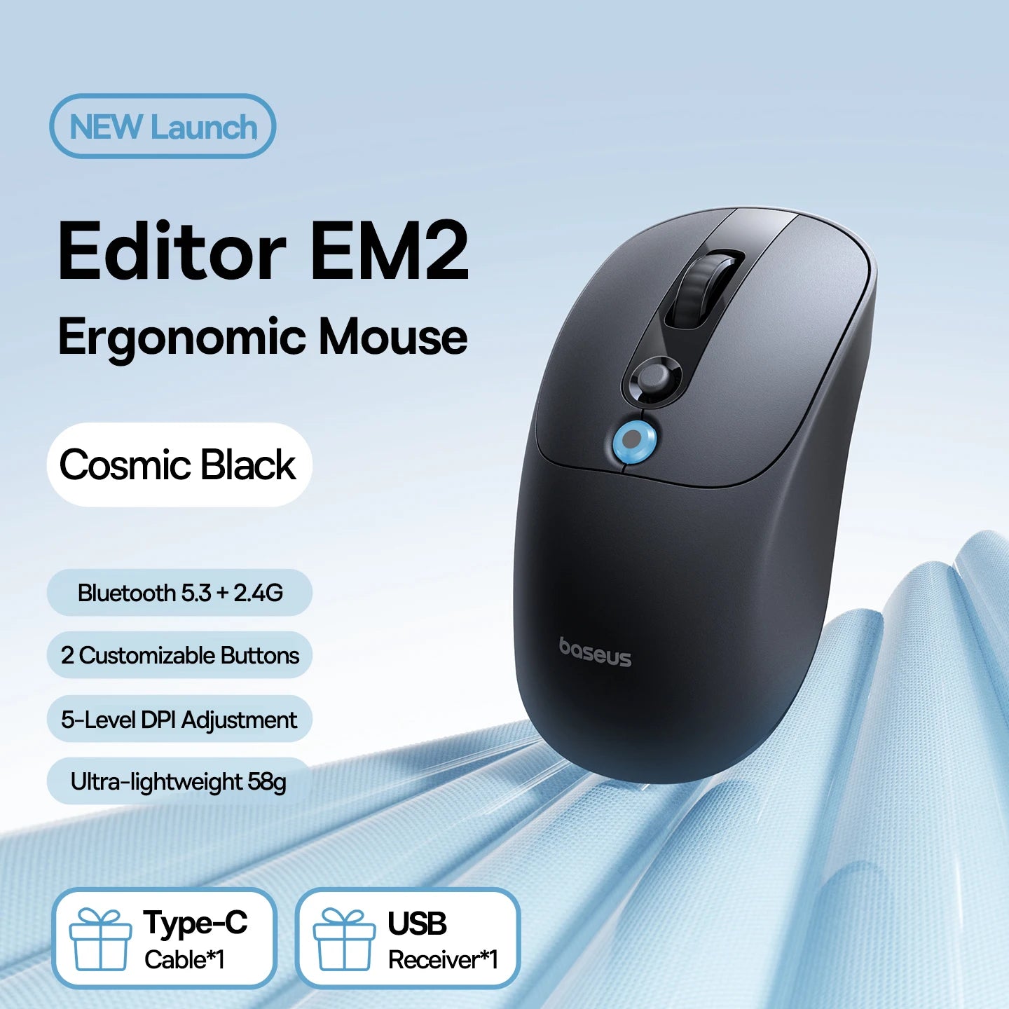 【NOVO】Baseus EM2 ergonomski bežični miš Bluetooth 5.3 2.4G, Type-C punjenje, ultra lagan, tih, s prilagodljivim tipkama