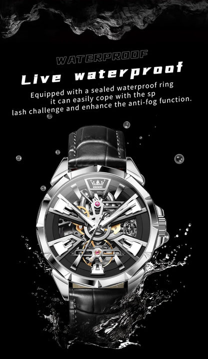 OLEVS 7051 Fashion Men's Watch Leather Strap 30M Waterproof Hollow HD Luminous Automatic Mechanical Wristwatch for Men