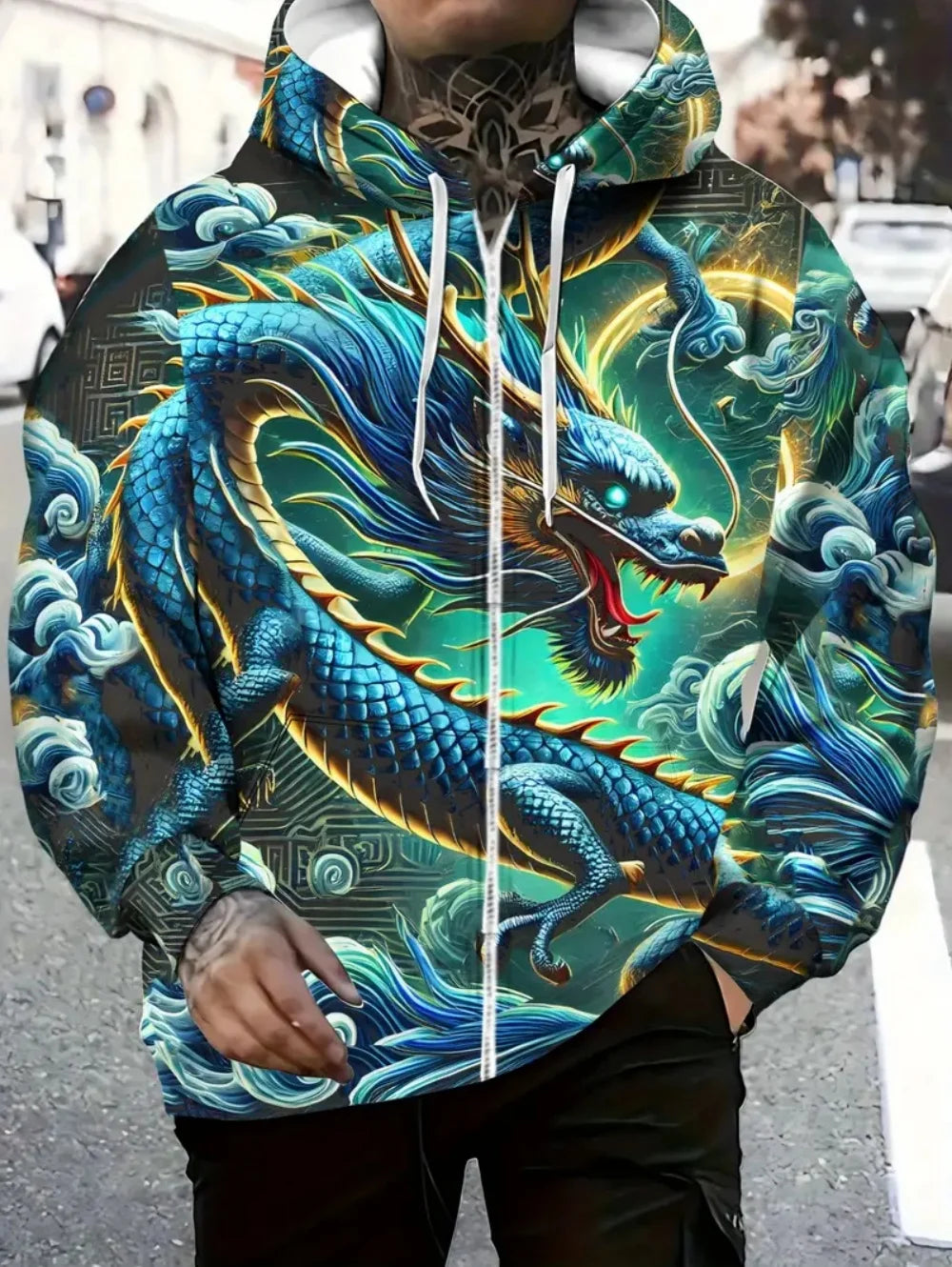 Men's Dragon Print Zipper Hoodie Outdoor Activities Travel Drawstring Long Sleeve Hoodies Autumn Winter Oversize Man Sweatshirts