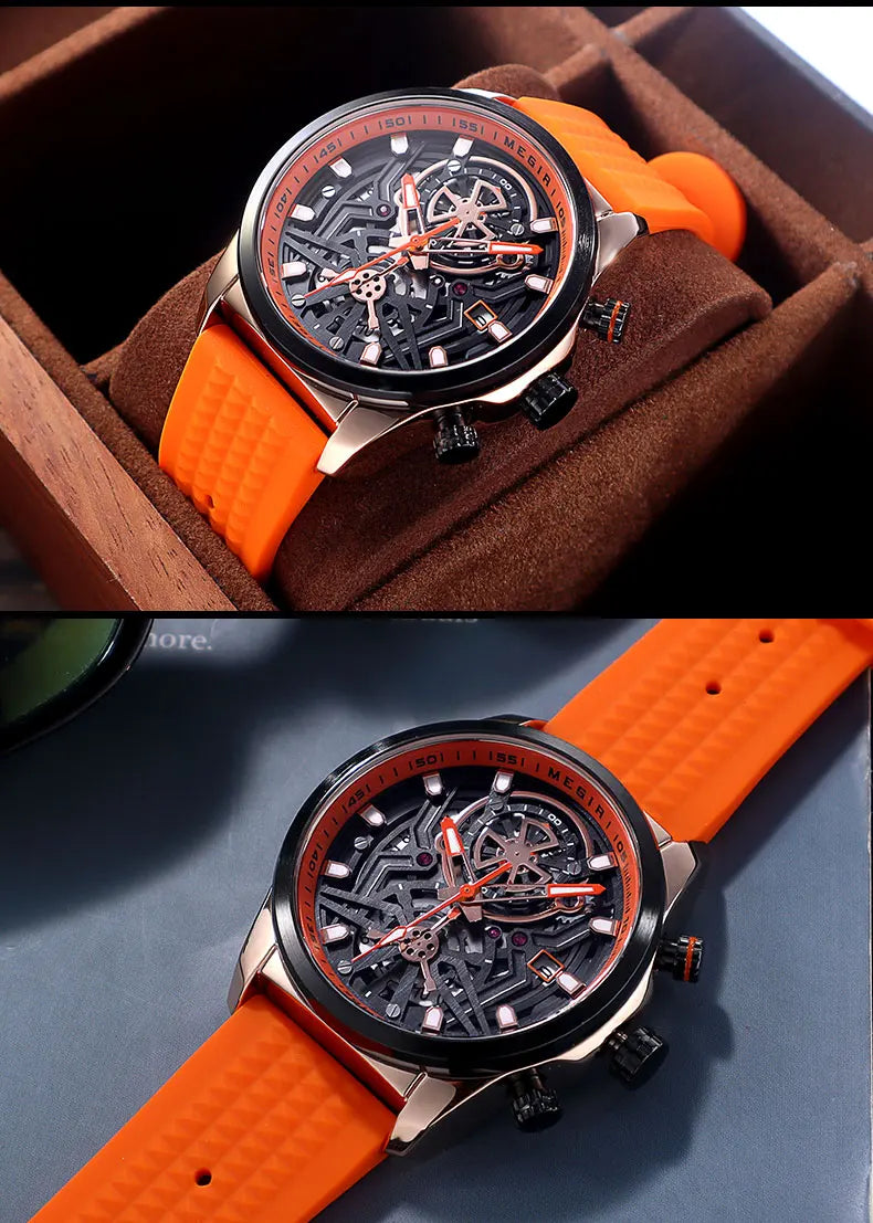 MEGIR Chronograph Quartz Watch Men Fashion Waterproof Yellow Silicone Strap Sport Wristwatch with Luminous Hands Auto Date 2235
