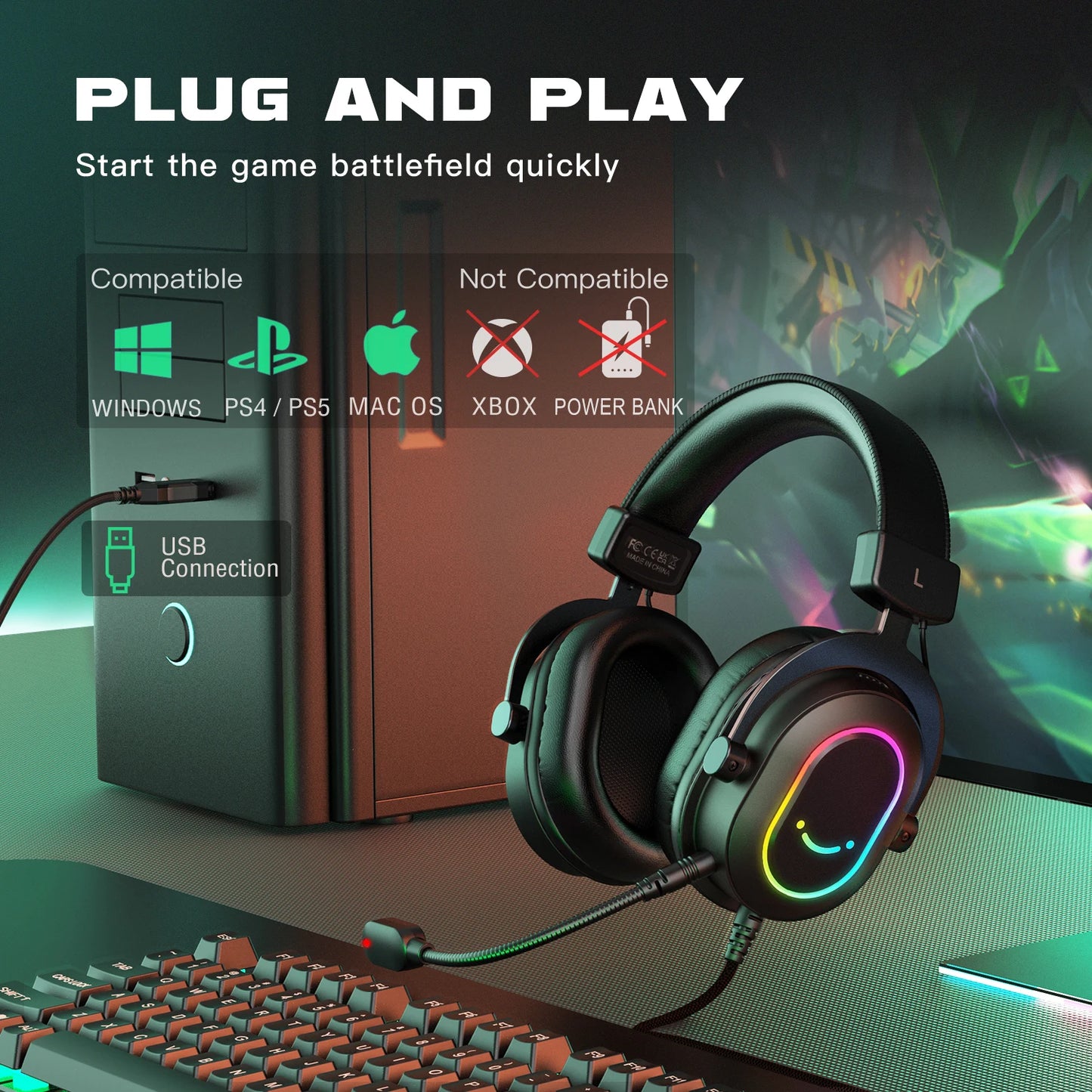 Auriculares gaming RGB FIFINE con micrófono – Auriculares USB circumaurales con cable, sonido envolvente 7.1, para PC, PS4 y PS5, con modos EQ y aislamiento de ruido