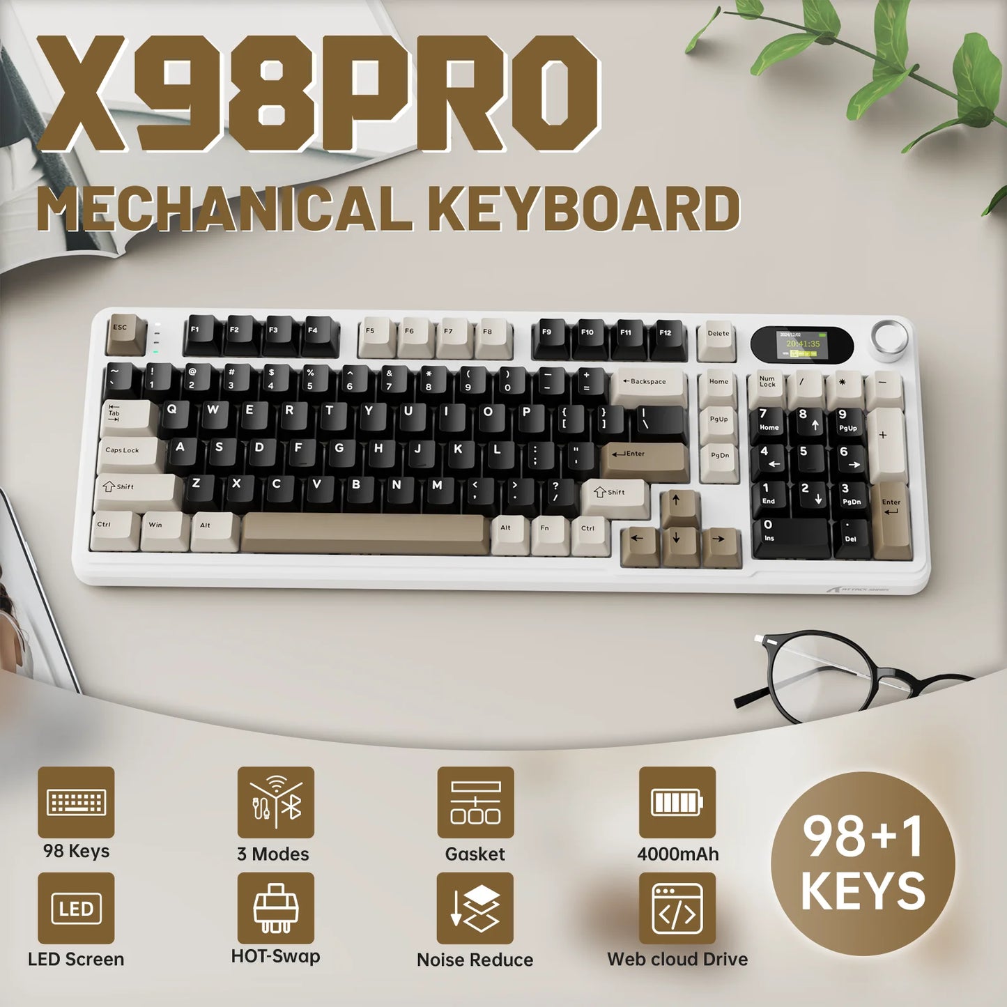 ATTACK SHARK X98PRO Tri-mode Gasket Mechanical Keyboard with TFT Screen & Knob, 99Keys Layout, 5-Layer Foams, Hot-Swap, RGB