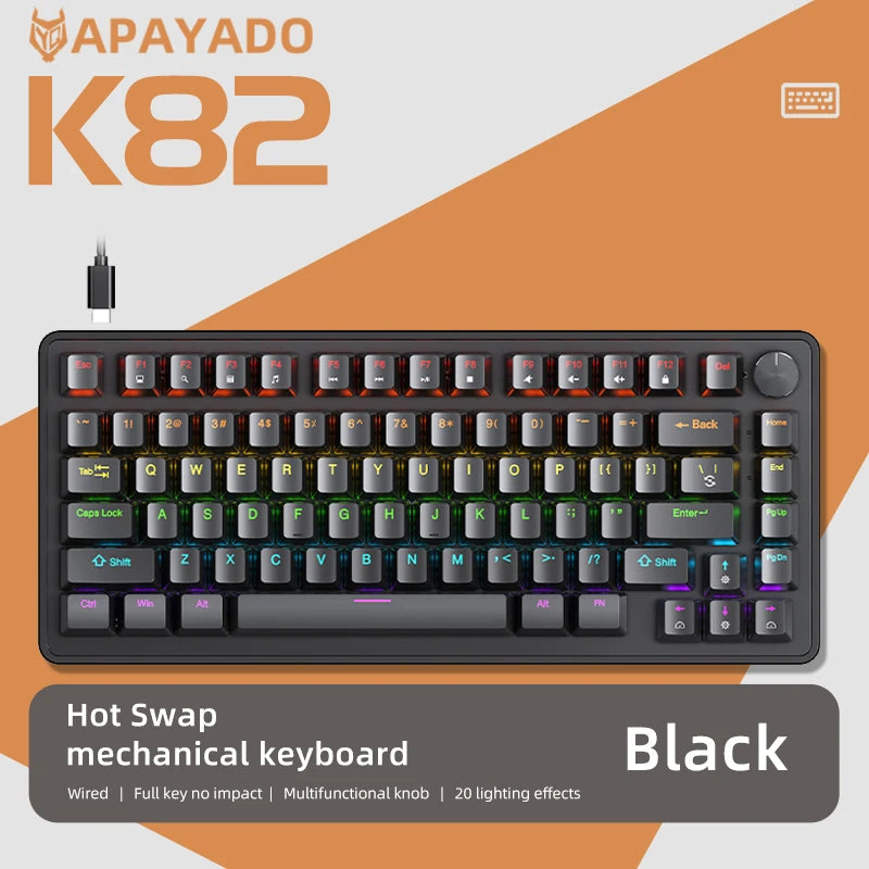 APAYADO 75% Mechanical Keyboard Wired Gaming Keyboard with Media Knob, Hot-Swappable RGB Backlit 82-Key Mechanical Keyboard for PC & Laptop